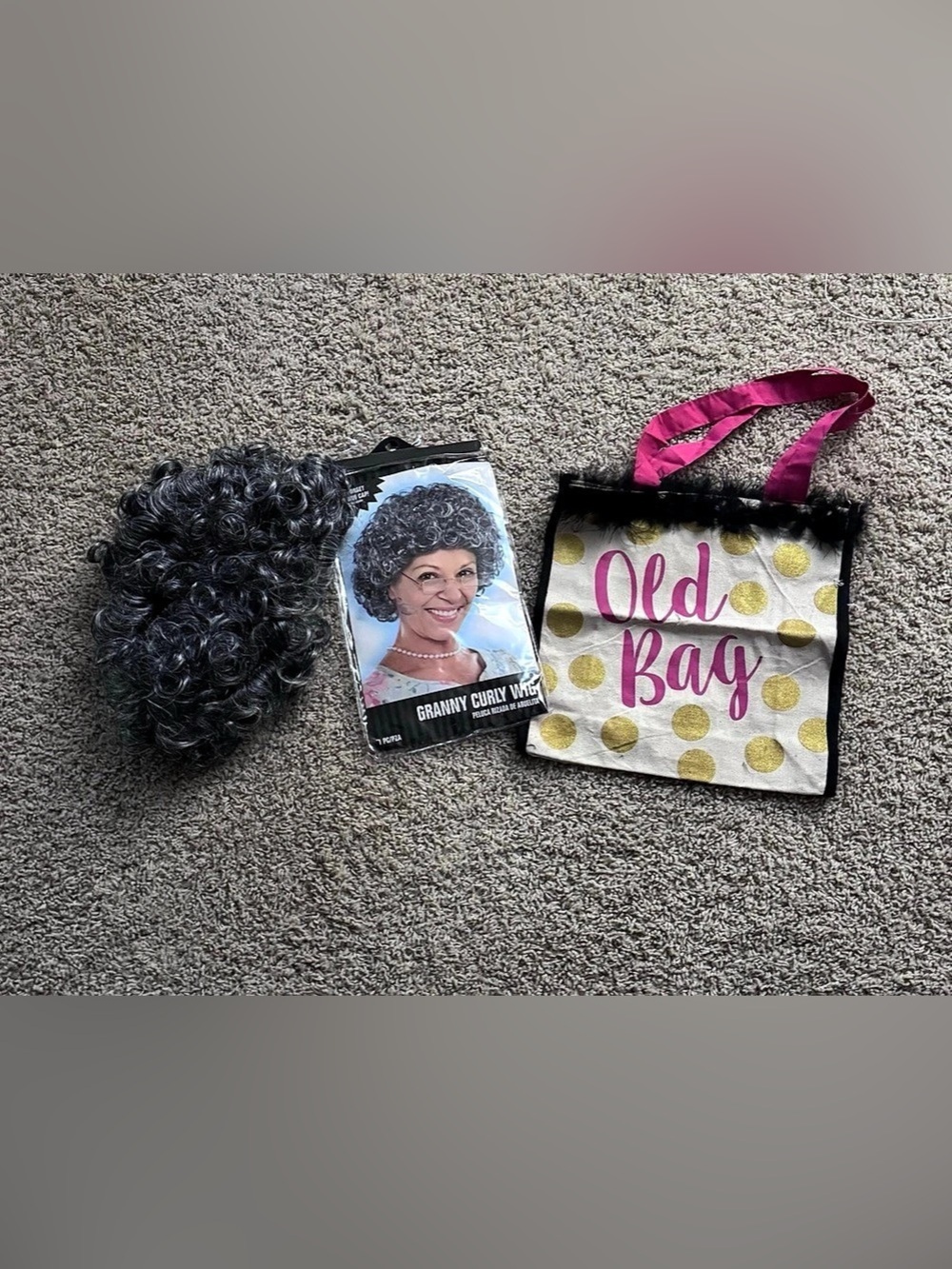 Granny Curly Wig Curly Gray Wig and Old Bag Tote